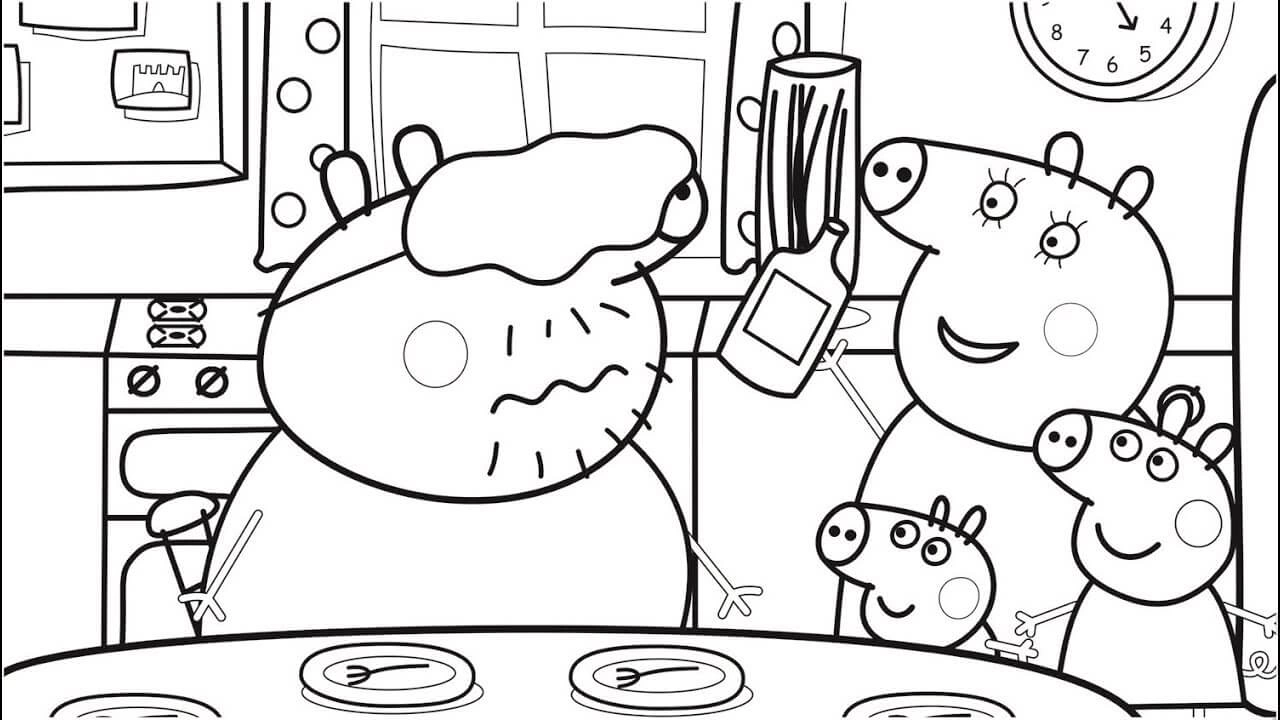Coloring book of daddy pig with cake on his eyes